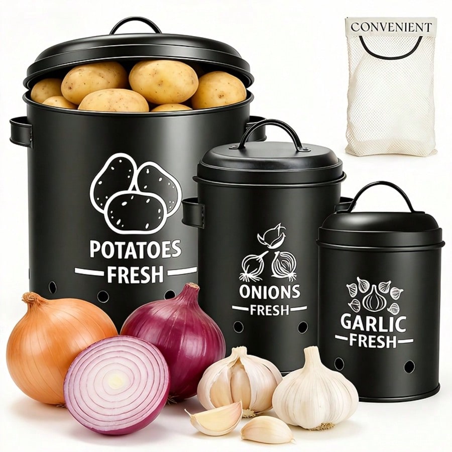 Kitchen Gadgets Organizer - ポテト・オニオン・ガーリック収納ビンセット、ファームハウス風ラスティックブラックメタル3ピース野菜収納容器、蓋付き、エアレーションホール付きで発芽防止、キッチンカウンターパントリーオーガナイザー、新築祝いギフト、クリスマスデコレーション