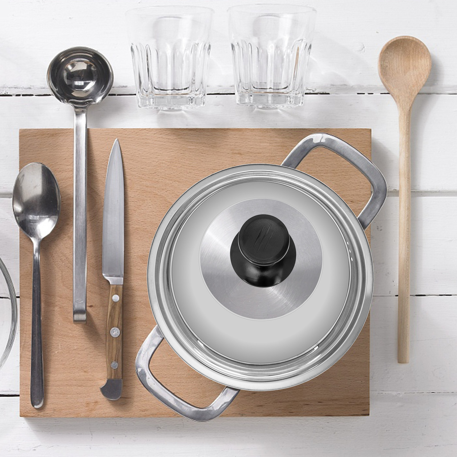 Kitchen Helper Gadgets - 厚みのある鍋蓋、透明で中身が見える、ステンレス製のフライパン用蓋、滑らかな表面、キッチン用品、調理器具、調理の助けとなる道具。