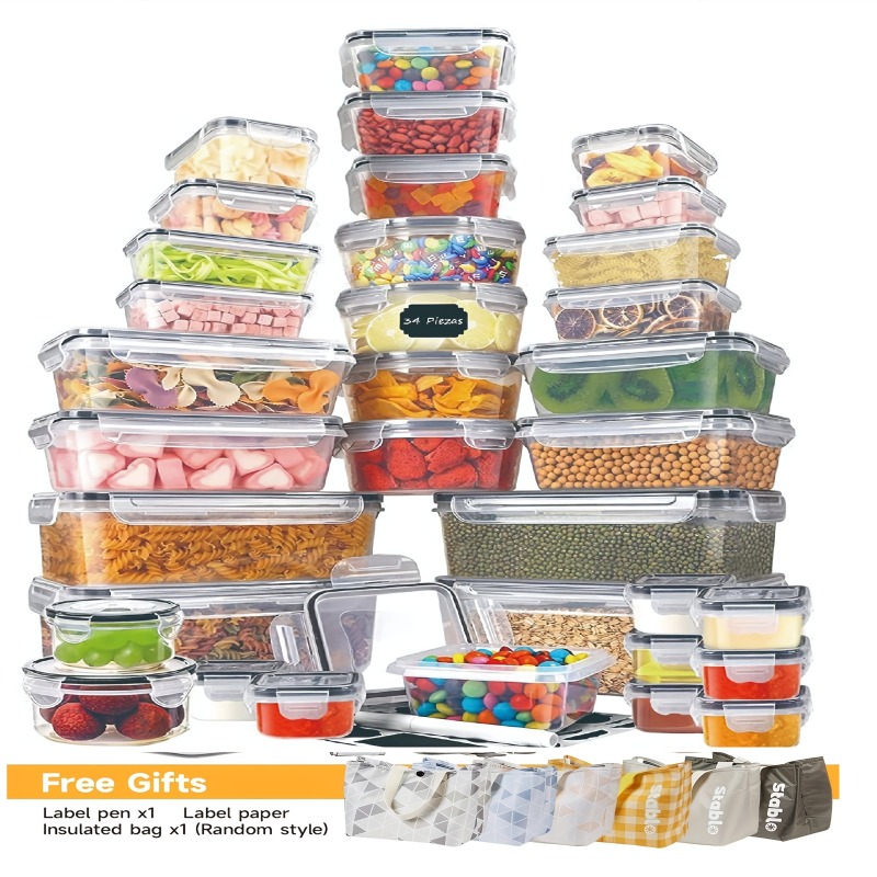 Kitchen Gadgets Organizer - 48個入り BPAフリー食品保存容器セット – キッチン、パントリー、旅行用の蓋とラベル付き気密容器24個