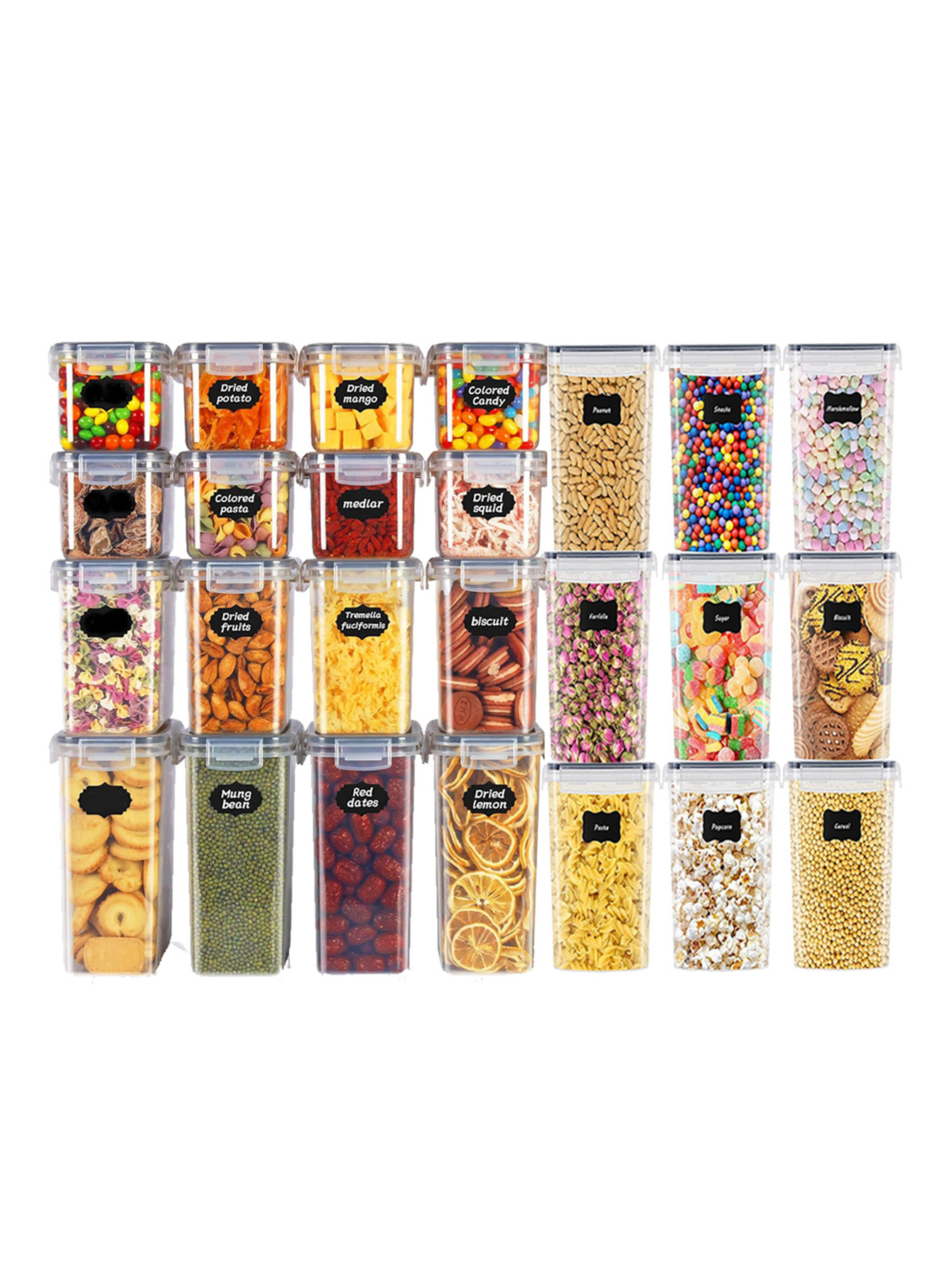 Kitchen Gadgets Organizer - 48個入り、蓋付き密封食品保存容器、プラスチック製キッチンパントリー、乳糖、穀物、小麦粉、砂糖用の乾物保存瓶、ラベル付き