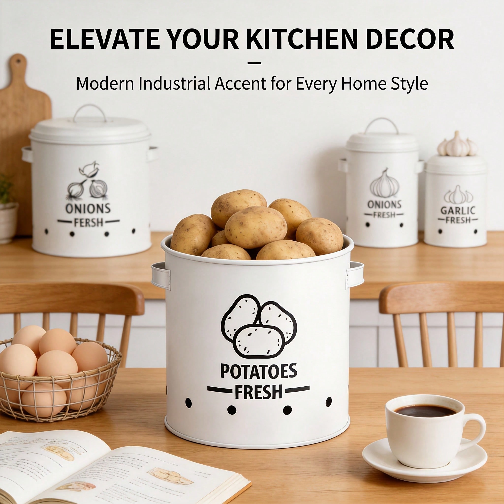 ポテト・オニオン・ガーリック収納ビンセット、ファームハウス風 - Kitchen Gadgets Organizer のレビューと価格