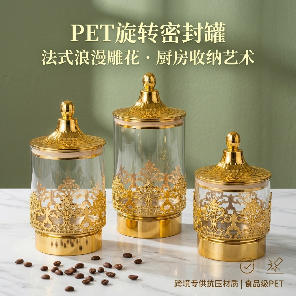 ヨーロッパの透明な金メッキ回転式密閉缶スナック茶葉収納タンク - Kitchen Gadgets Organizer のレビューと価格