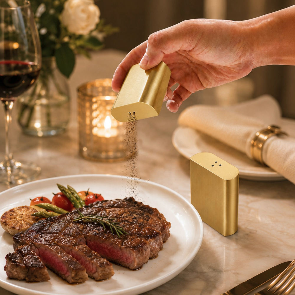 ゴールドのステンレス製ペッパーシェイカー、金属製の塩入れ、モ - Kitchen Gadgets Gold のレビューと価格